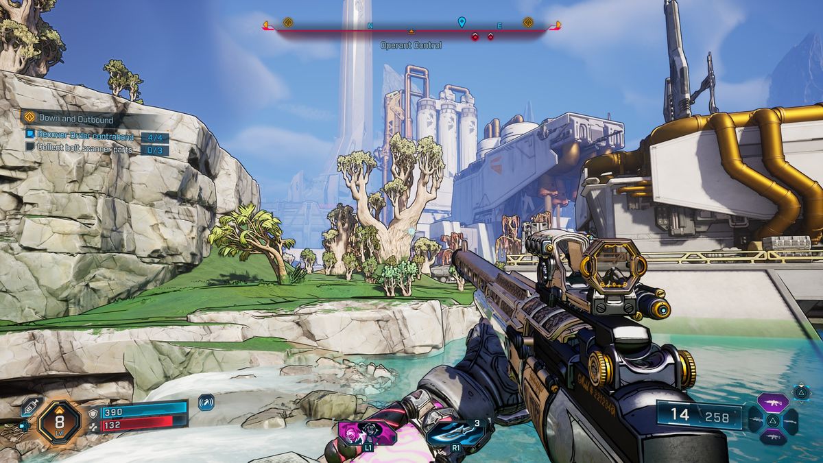 Borderlands 4 review gameplay showing a semi-automatic rifle being pointed at a beautiful pastoral environment, with a giant industrial complex in the background