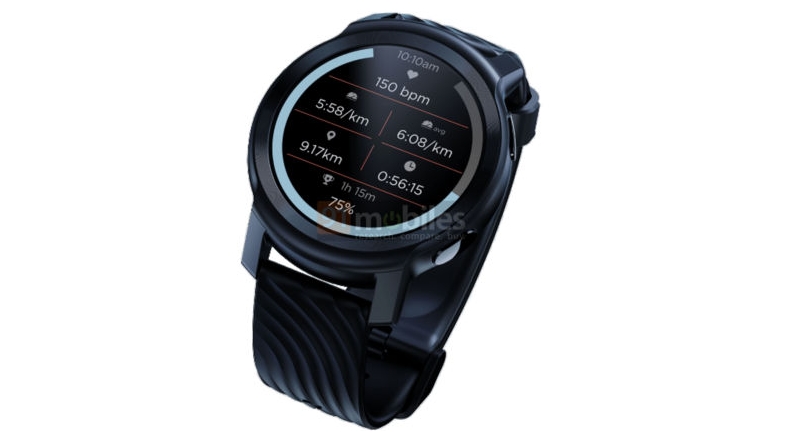 A render showing the Moto Watch 100 with fitness stats on the screen