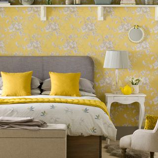 yellow and grey motif bedroom