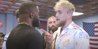 Jake Paul points a finger at Tyron Woodley.