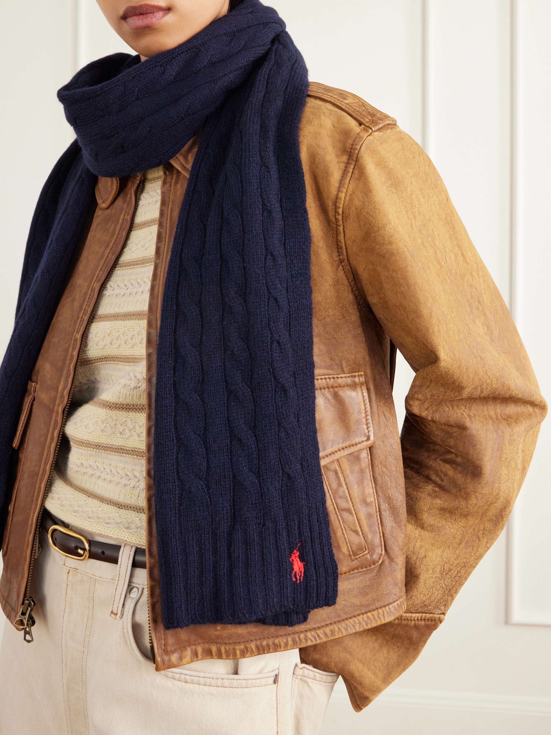 Logo-Embroidered Cable-Knit Wool and Cashmere-Blend Scarf