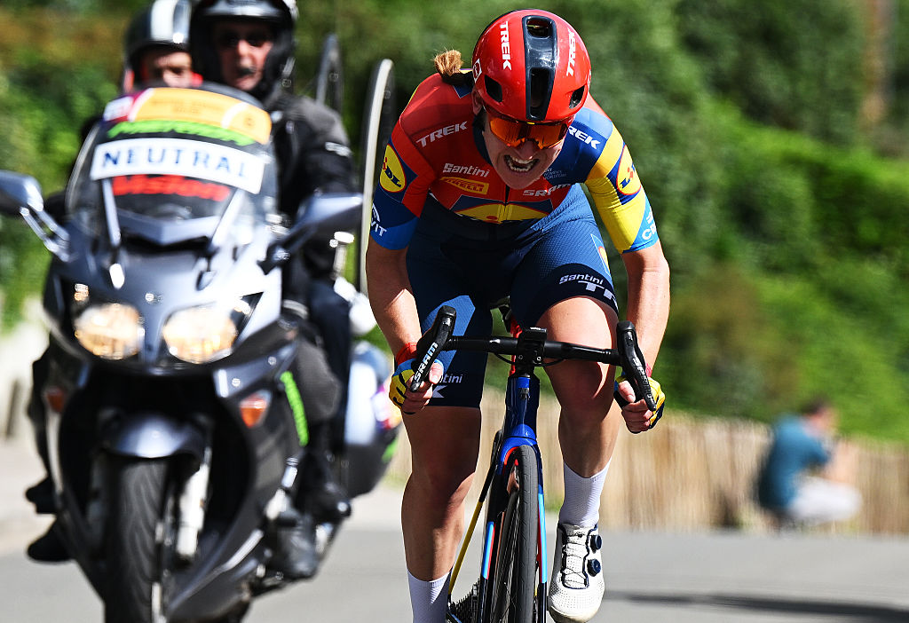 LEUVEN, NETHERLANDS - SEPTEMBER 02: Lauretta Hanson of Australia and Team Lidl - Trek attacks during the 27th Simac Ladies Tour 2025, Stage 1 a 81.3km stage from Leuven to Leuven / #UCIWWT / on September 02, 2025 in Leuven, Netherlands. (Photo by Luc Claessen/Getty Images)