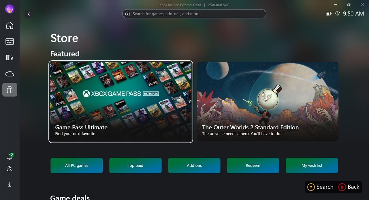 The Xbox Full Screen Experience home page showing the game store on Xbox Ally X.