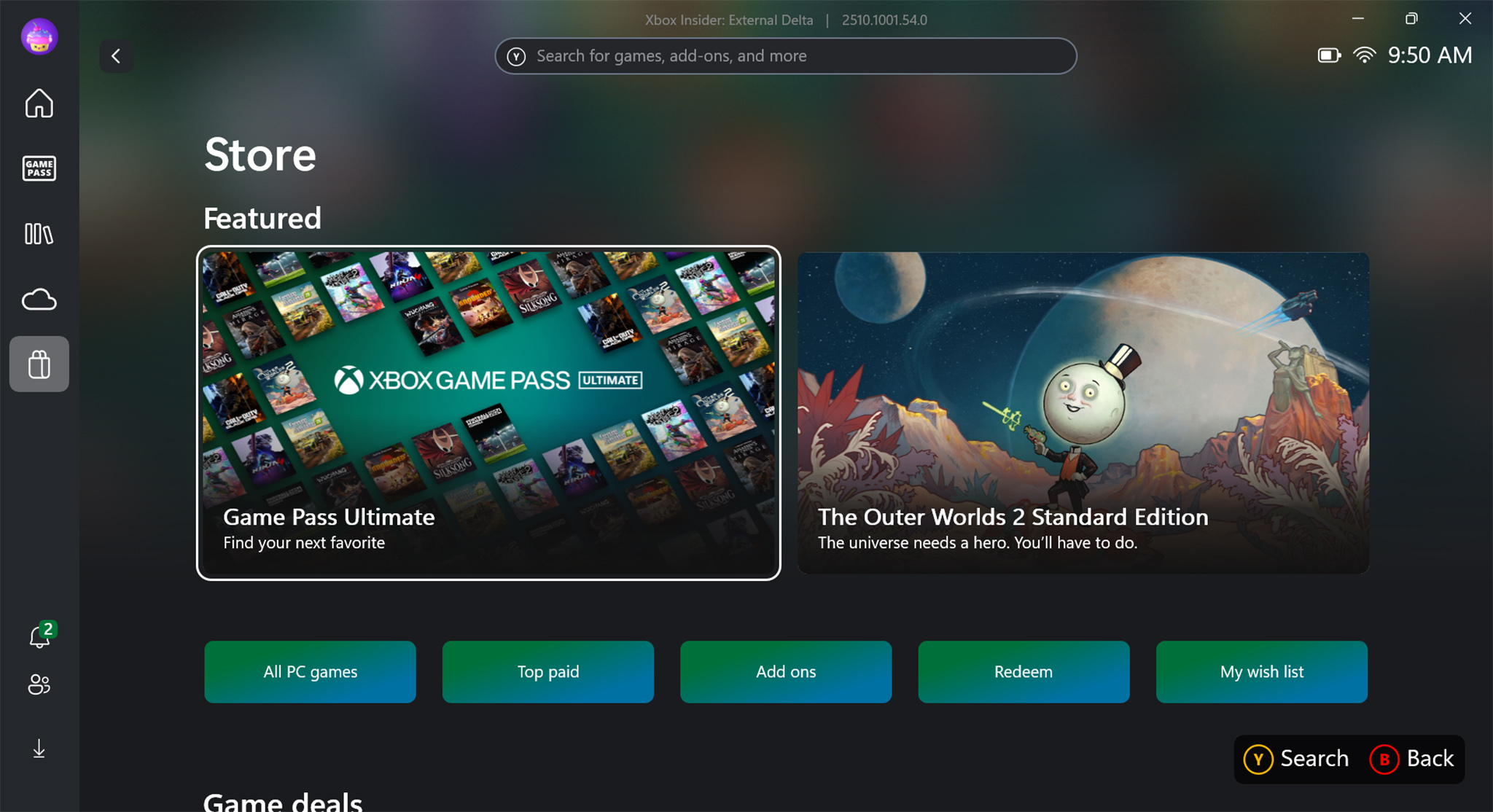 The Xbox Full Screen Experience home page showing the game store on Xbox Ally X.