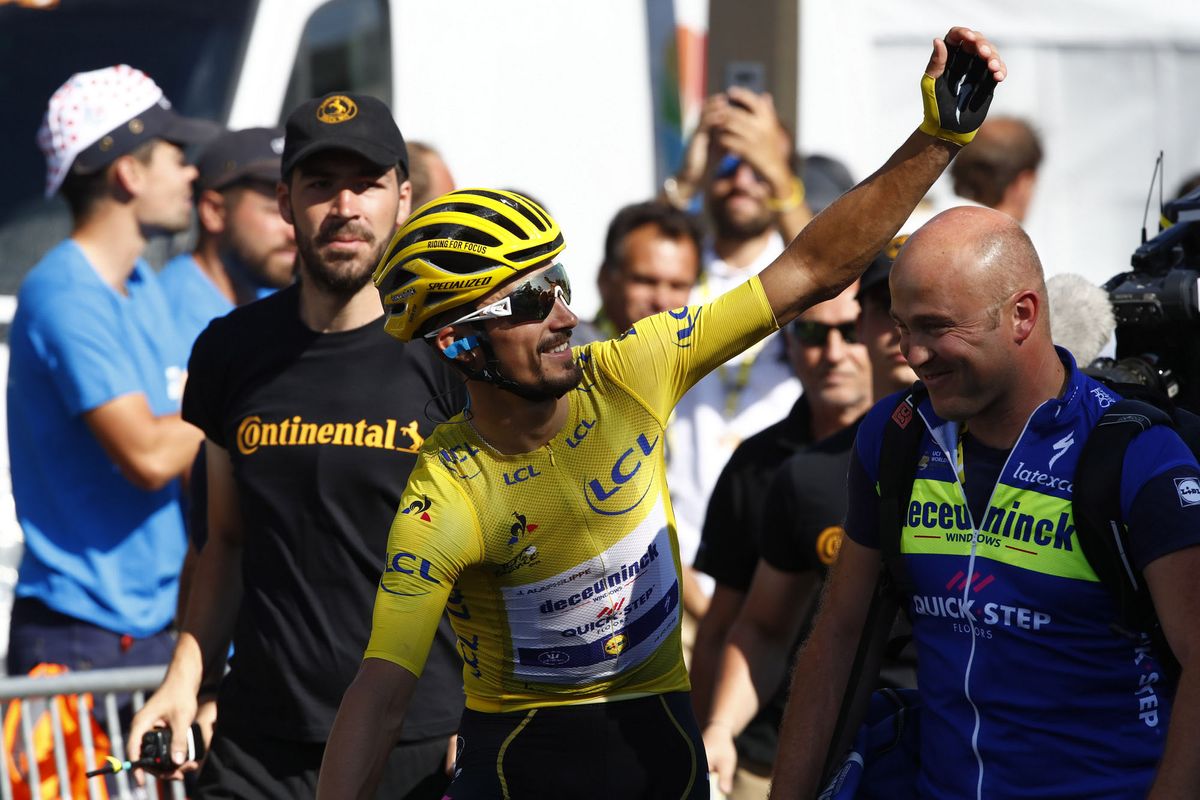 Julian Alaphilippe (Deceuninck-QuickStep) in yellow at the Tour de France on Bastille Day
