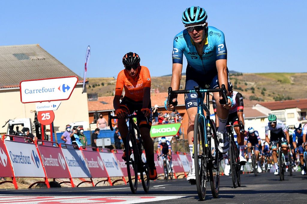 MOLINA DE ARAGON SPAIN AUGUST 17 Alex Aranburu Deba of Spain and Team Astana Premier Tech crosses the finishing line during the 76th Tour of Spain 2021 Stage 4 a 1639km stage from El Burgo de Osma to Molina de Aragn 1134m lavuelta LaVuelta21 on August 17 2021 in Molina de Aragn Spain Photo by Stuart FranklinGetty Images