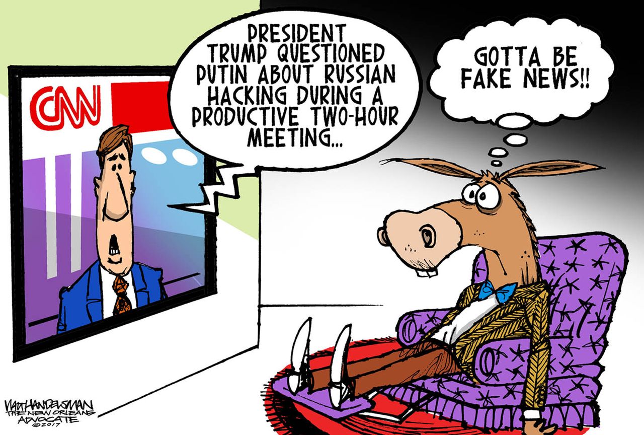 Political cartoon U.S. Trump Putin G20 meeting Russia investigation hacking fake news