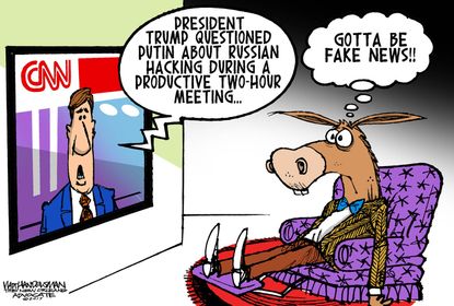 Political cartoon U.S. Trump Putin G20 meeting Russia investigation hacking fake news