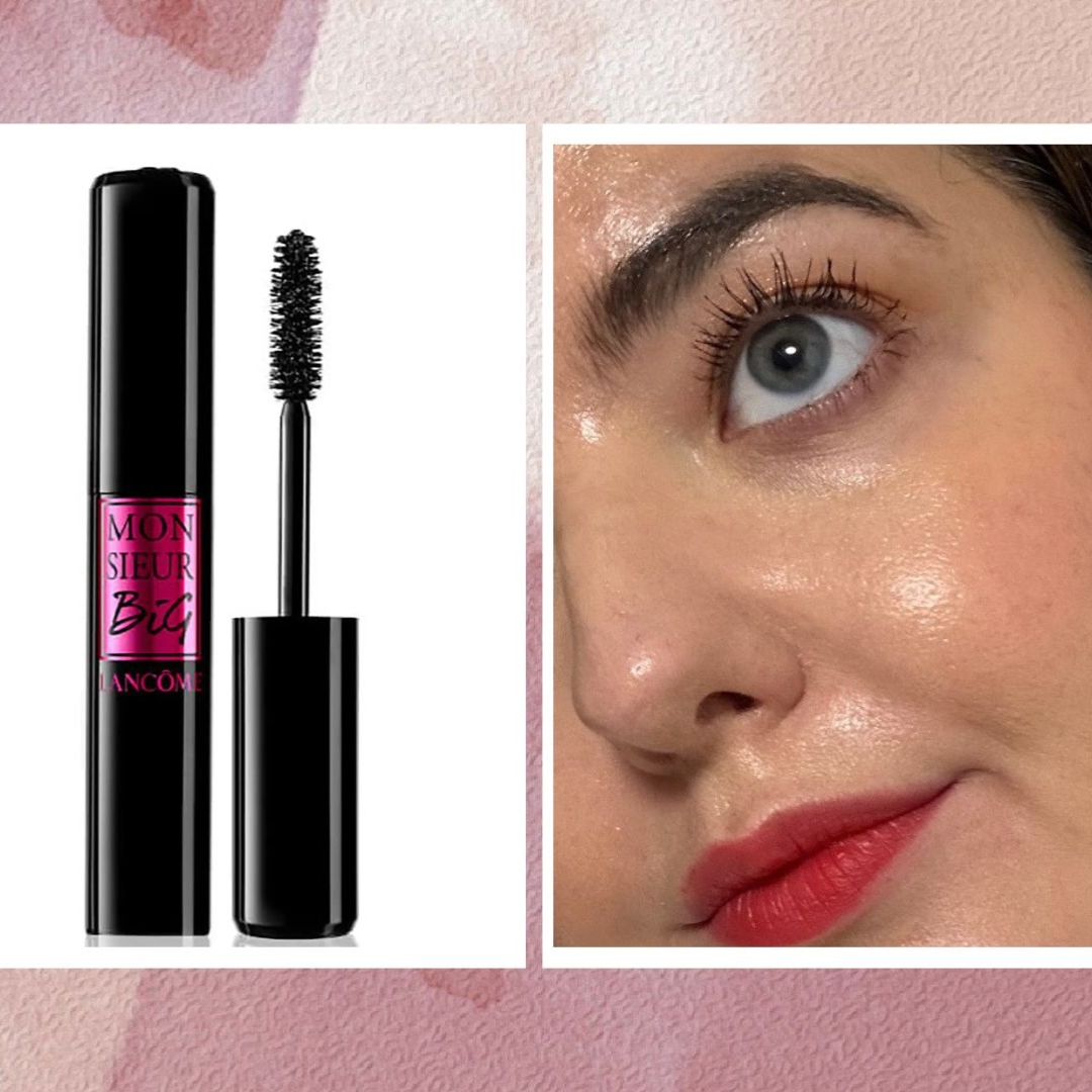 On the left, is a product shot of the the Lancôme Monsieur Big mascara and on the right, is a close-up shot of Senior Beauty Editor Rhiannon Derbyshire wearing the formula on her eyelashes