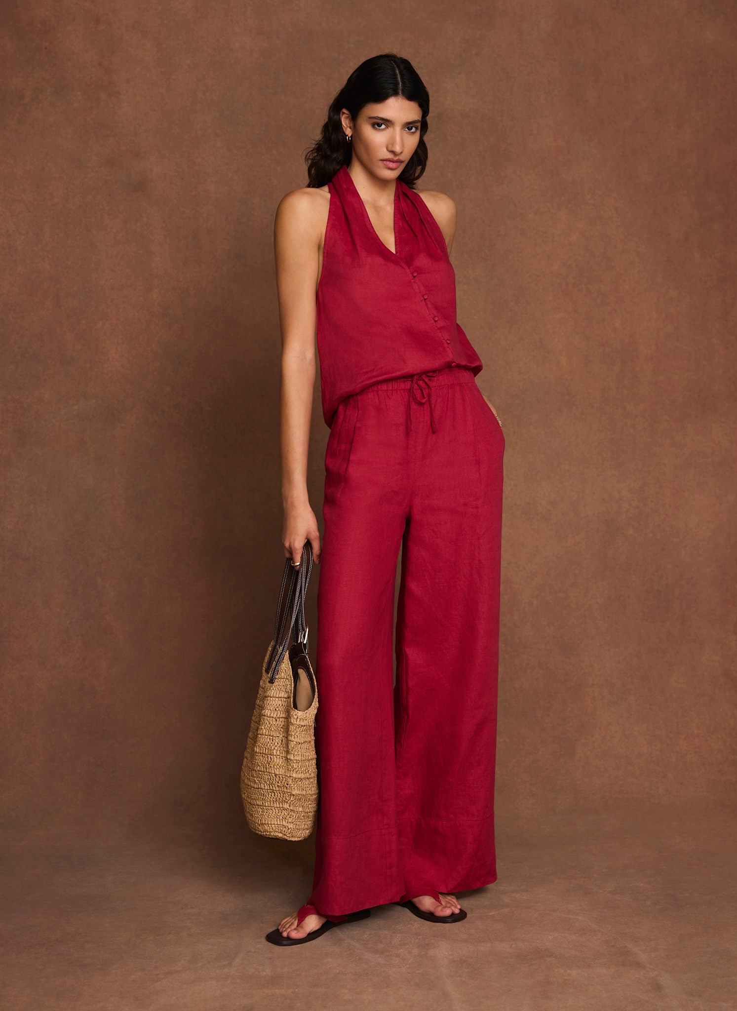 Red Linen Drawstring Wide Leg Trousers