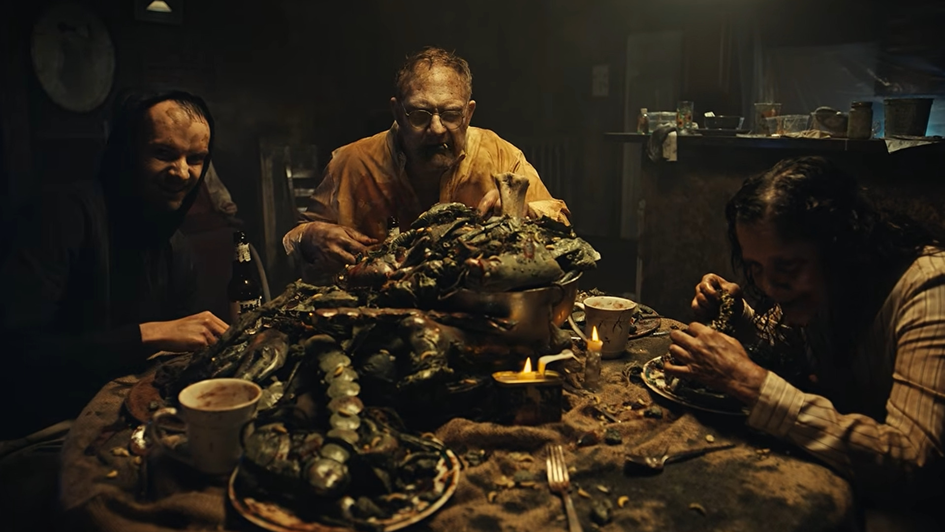 The Baker family chows down on rotten food and sneers at the camera