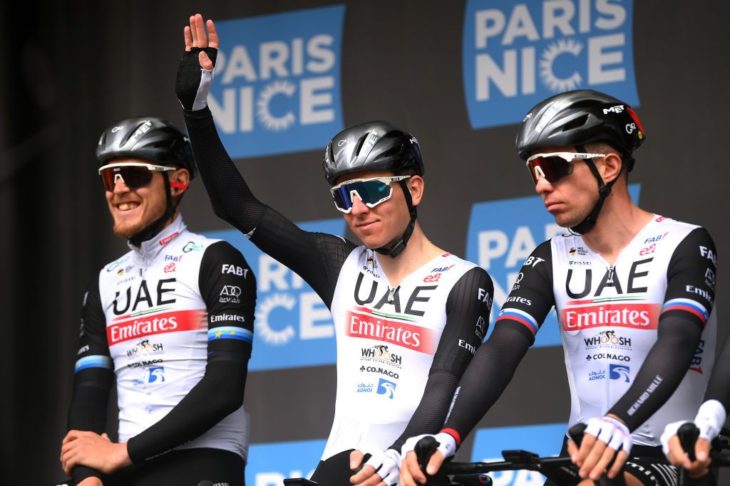 SAINTAMANDMONTROND FRANCE MARCH 08 Tadej Pogacar of Slovenia and UAE Team Emirates Cprior to the 81st Paris Nice 2023 Stage 4 a 1647km stage from SaintAmandMontrond to La Loge des Gardes 1077m UCIWT ParisNice on March 08 2023 in SaintAmandMontrond France Photo by Alex BroadwayGetty Images