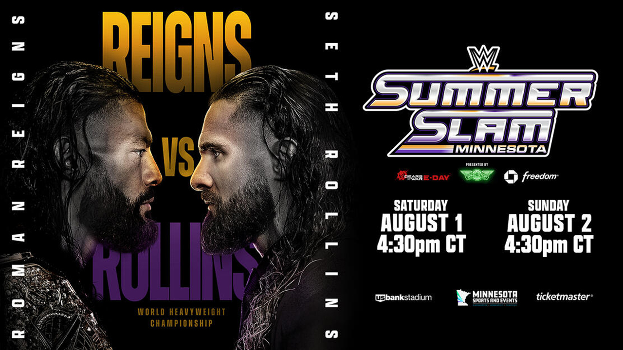 Roman Reigns and Seth Rollins face off in the poster for WWE SummerSlam 2026.