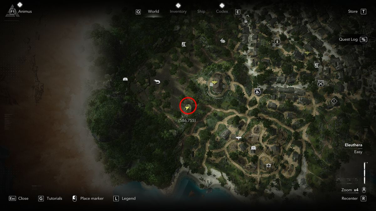 Black Flag treasure maps: A screenshot of the map with a red circle showing the location of the buried treasure chest in Nassau.