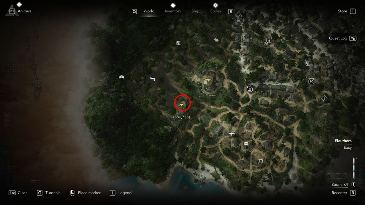 Black Flag treasure maps: A screenshot of the map with a red circle showing the location of the buried treasure chest in Nassau.