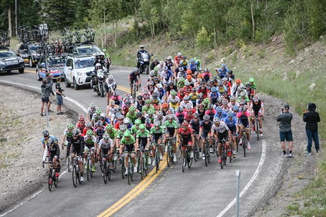 The field rides together over today's big climb