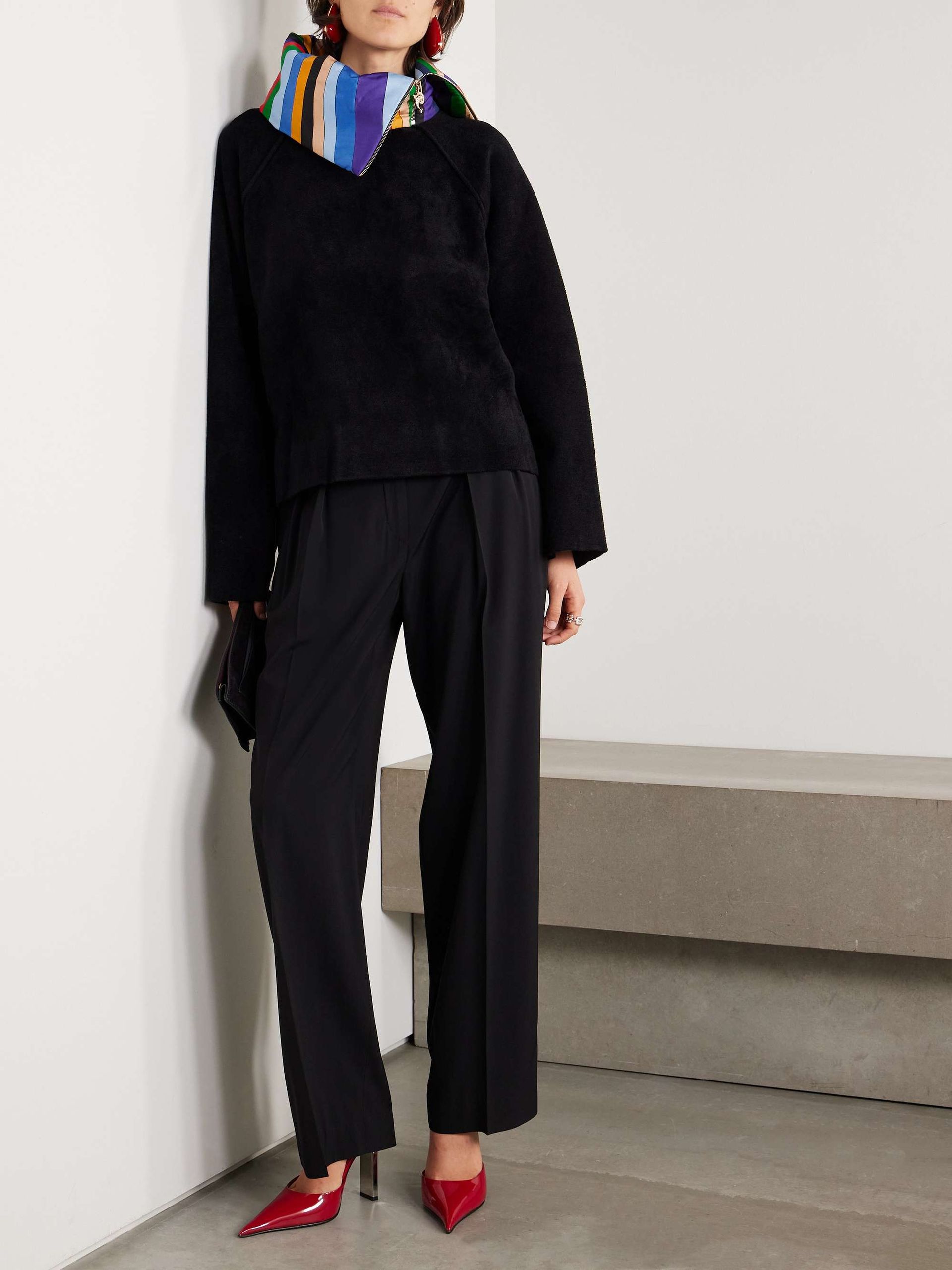 Silk-Satin Trimmed Wool-Blend Fleece Half-Zip Sweater