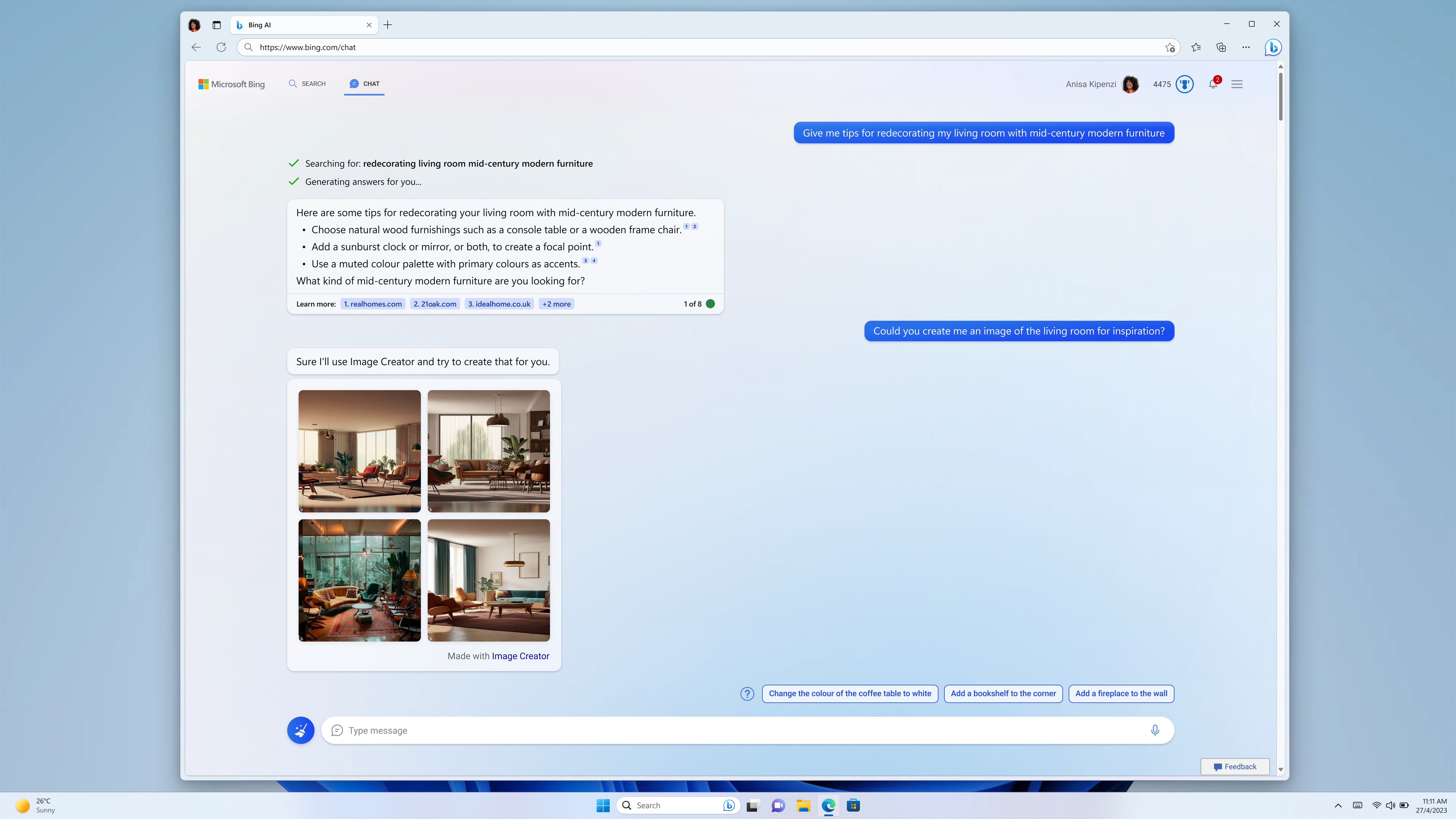 A Bing Chat log showing a user asking ing to create an image of a living room for inspirtaion