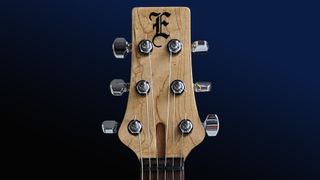 The headstock of Ellis Guitars' Soprano TX, a short-scale guitar tuned an octave above a standard guitar, allowing you to create mandolin-like tones from a familiar six-string instrument