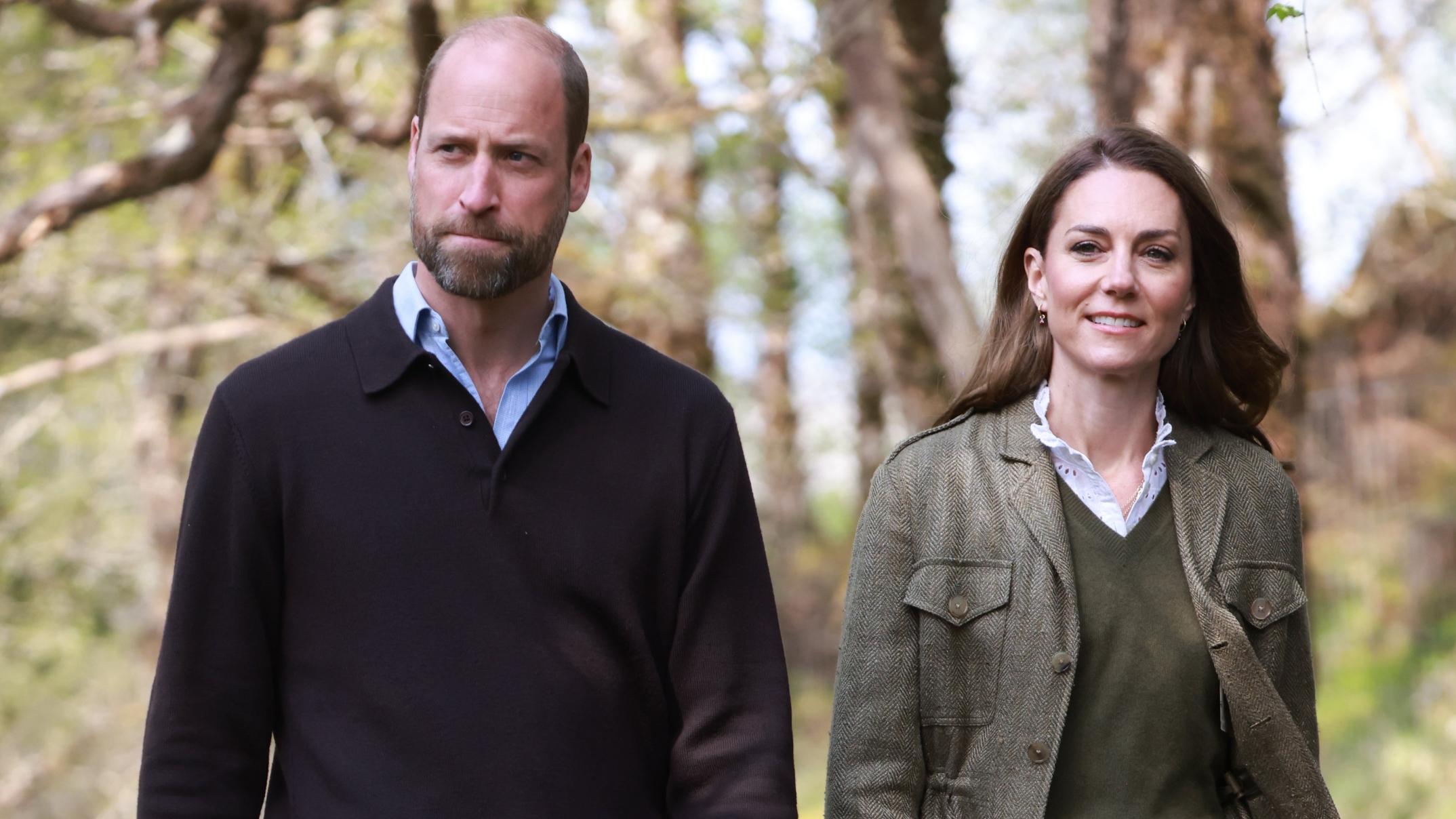 Prince William, Prince of Wales and Catherine, Princess of Wales during a visit to Ardura Community Forest on April 30, 2025