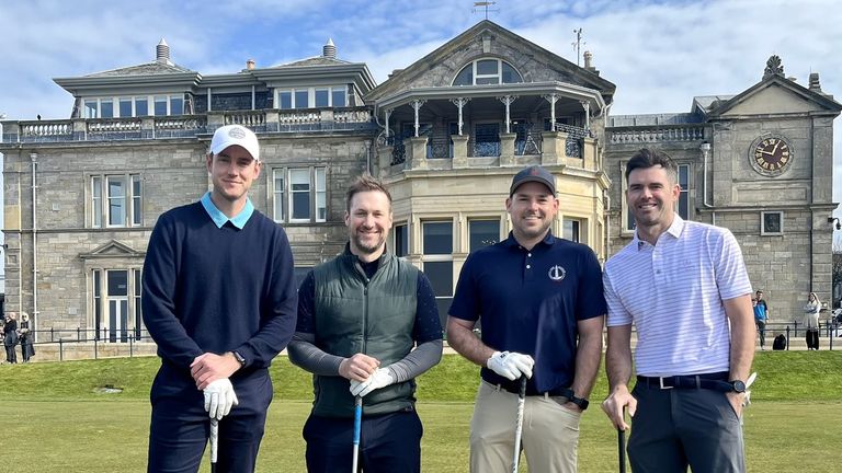 England bowling legends Stuart Broad and James Anderson enjoy a round on the Old Course, St Andrews