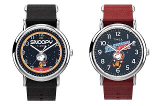 The Timex X Snoopy In Space Weekender watches feature Snoopy in his astronaut spacesuit set against a starry background.