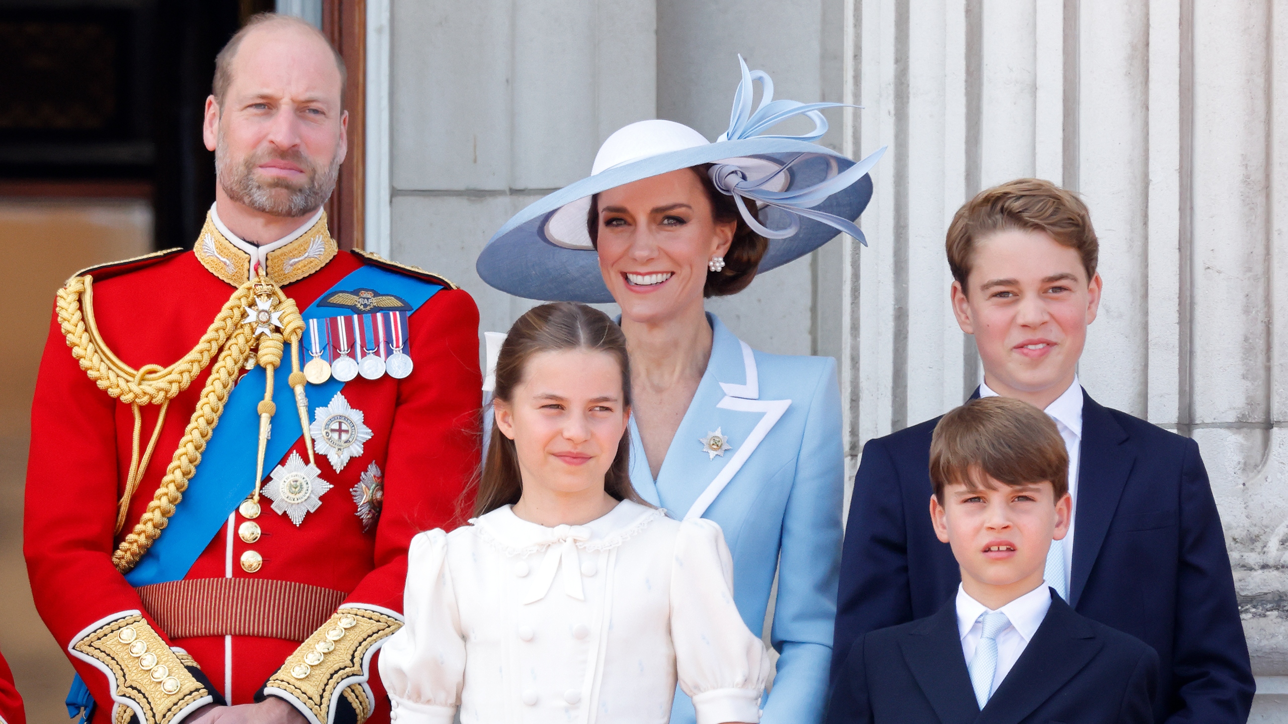 Prince William, Catherine, Princess of Wales, Princess Charlotte of Wales, Prince George of Wales and Prince Louis of Wales watch an RAF flypast from the balcony of Buckingham Palace on June 13, 2026