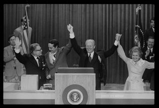 President Gerald Ford, First Lady Betty Ford, Vice President Nelson Rockefeller, and vice presidential candidate Bob Dole celebrate winning the nomination at the Republican National Convention, Kansas City, Missouri.