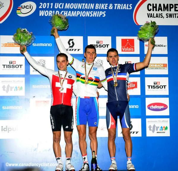 Elite men's cross country world championship podium (l-r): Nino Schurter (Switzerland), Jaroslav Kulhavy (Czech Republic), Julien Absalon (France)