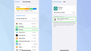 iOS iCloud Storage app with Backups and iPhone name highlighted