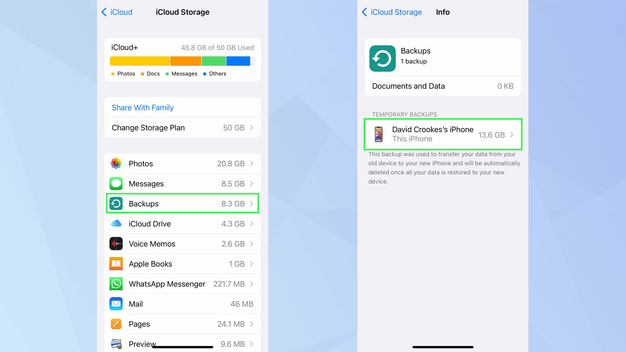 iOS iCloud Storage app with Backups and iPhone name highlighted