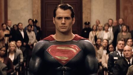 Henry Cavill as Superman, in front of a senate hearing, in Batman V Superman: Dawn of Justice.