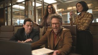 Ike Barinholtz, Kathryn Hahn, Chase Sui Wonders and Seth Rogen in "The Studio," episode 1, on Apple TV Plus.