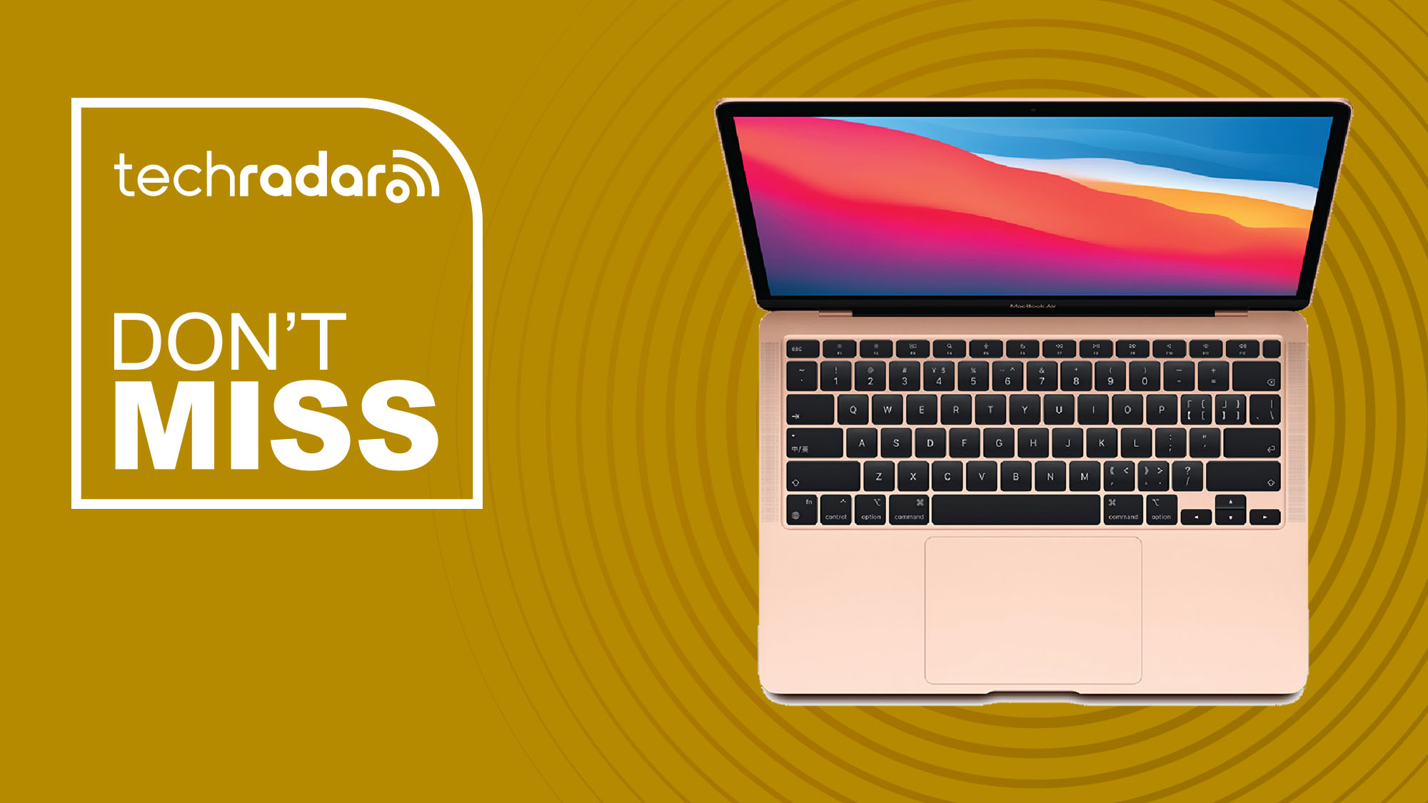 Apple MacBook Air M1 chip in gold on yellow background with TechRadar don't miss sign