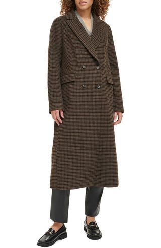Houndstooth Check Double Breasted Long Coat