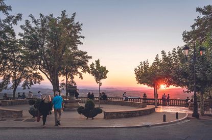 The lookout in the medieval walled town of Laguardia at sunset