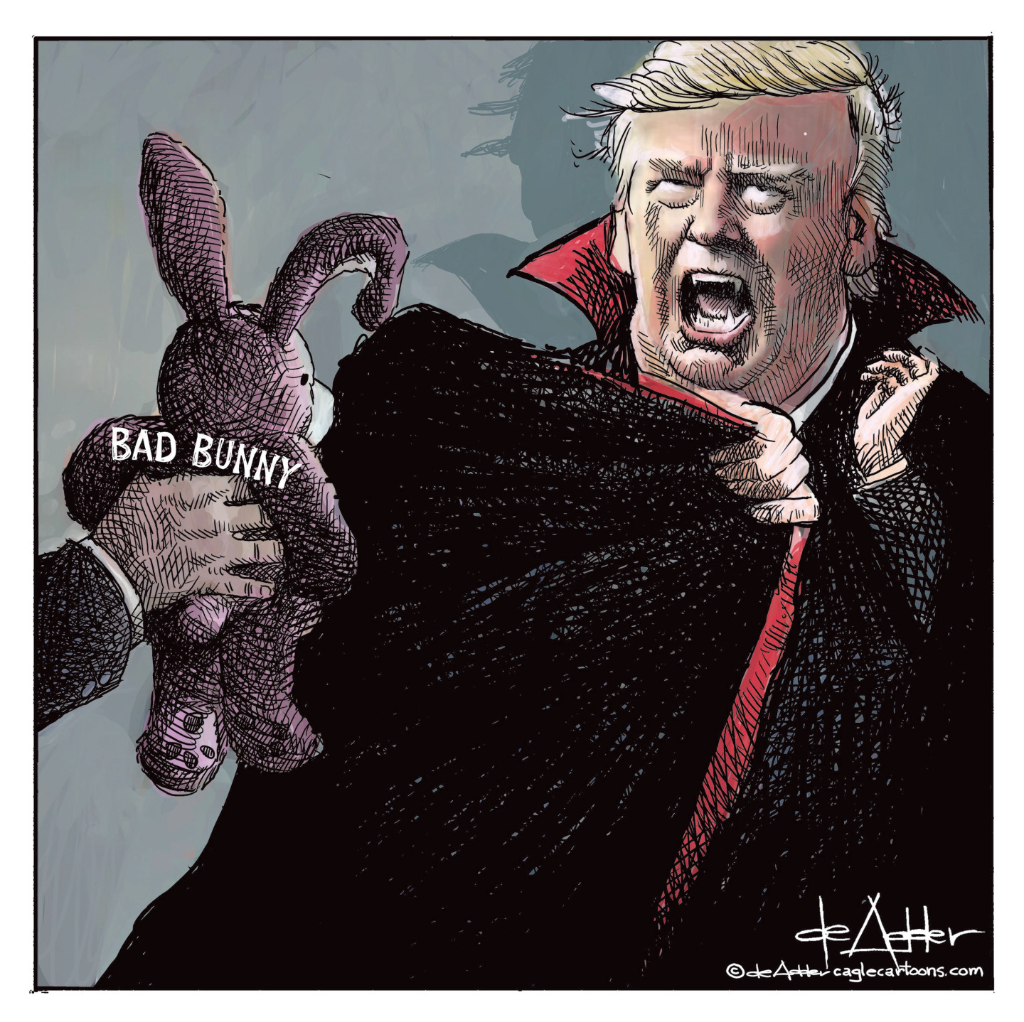 Donald Trump is a vampire in this political cartoon. He recoils in fear from a hand holding a stuffed animal rabbit labeled &amp;ldquo;Bad Bunny&amp;rdquo;.
