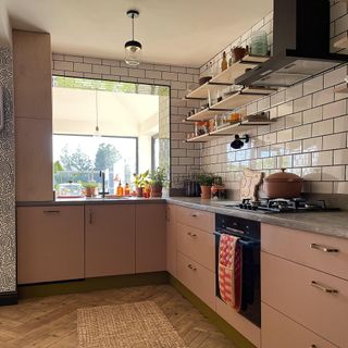 kitchen with wooden flooring and white tiles