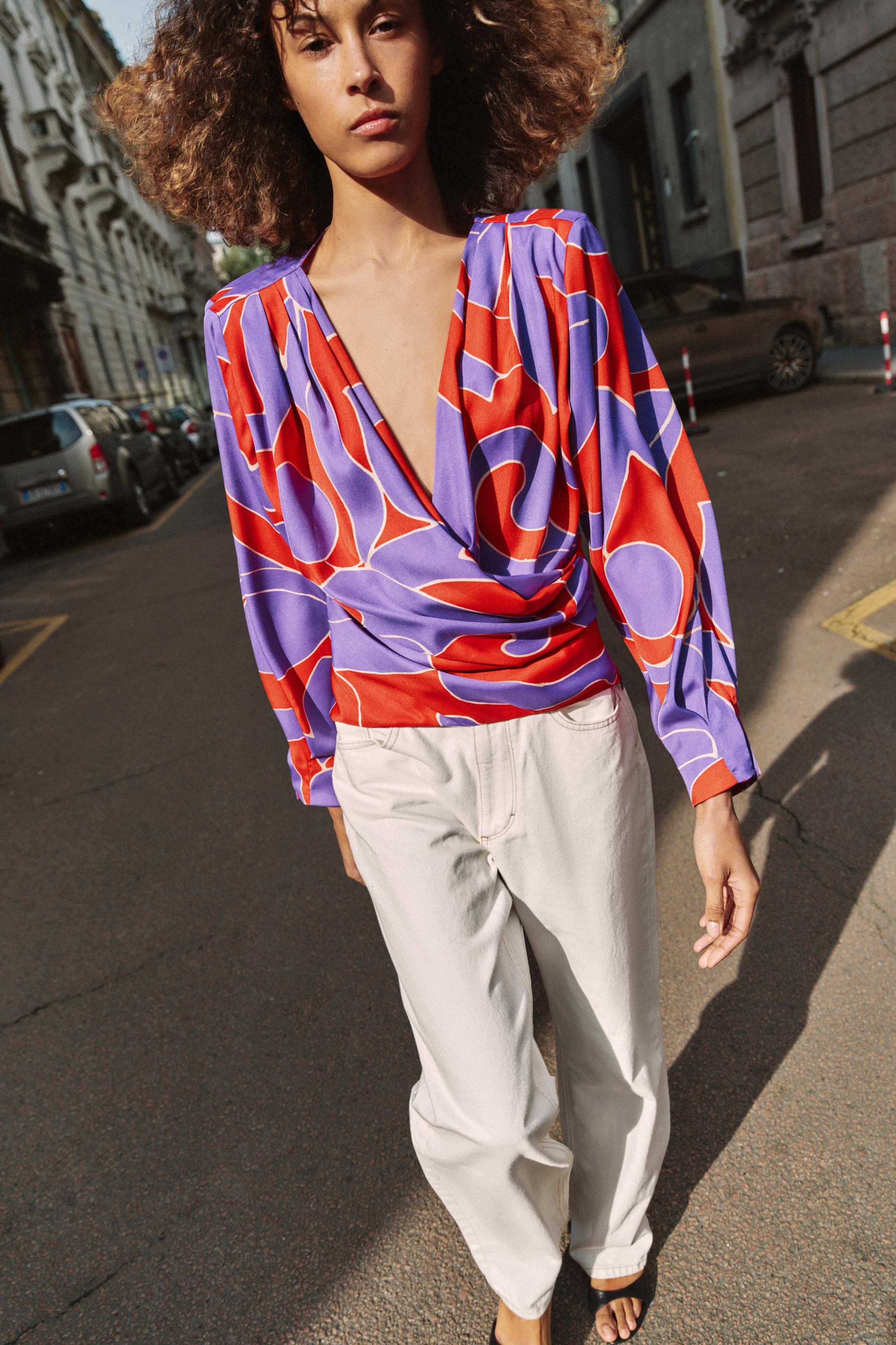 Printed Satin Effect Shirt With Shoulder Pads
