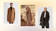 composite of three models wearing the best winter coats for women from Reiss, Brora, Hobbs