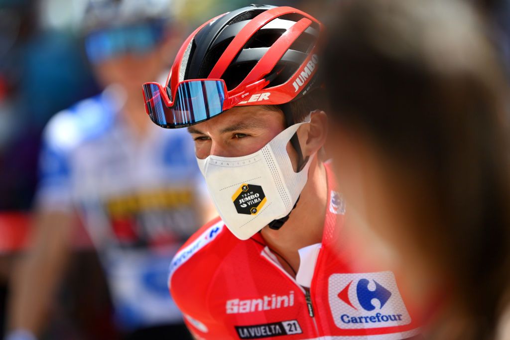 BURGOS SPAIN AUGUST 15 Primoz Roglic of Slovenia and Team Jumbo Visma red leader jersey prior to the 76th Tour of Spain 2021 Stage 2 a 1667km stage from Caleruega Monasterio de Santo Domingo de Guzmn to Burgos Gamonal lavuelta LaVuelta21 CapitalMundialdelCiclismo on August 15 2021 in Burgos Spain Photo by Stuart FranklinGetty Images