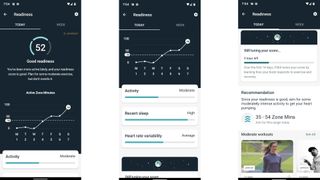 Screenshots of the Fitbit app showing Daily Readiness Score charts and recommendations.