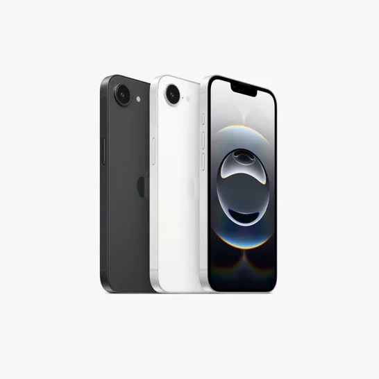 An Apple iPhone 16e in two colours on a grey background.