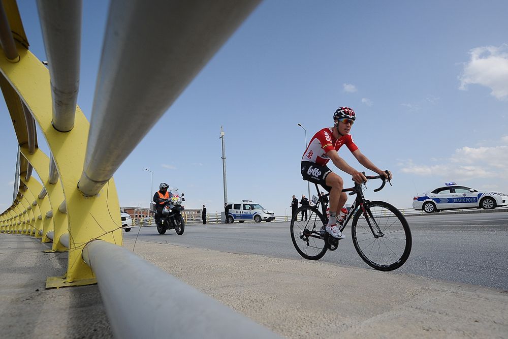 A lone Lotto Soudal rider during stage 3 at the Tour of Turkey.