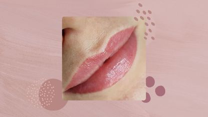 Close up of woman's lips on a brushed mauve background