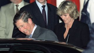 Prince Charles With Camilla Parker-bowles Leaving The Lyric Theatre In London Together After Seeing The Marx Brothers Play 'animal Crackers'. Behind Them Is The Prince's Bodyguard Peter Brown