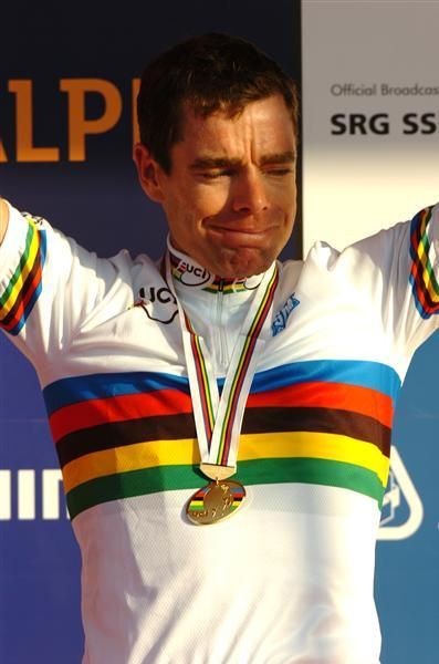 Cadel Evans (Australia) grins on the podium.