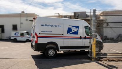 A USPS delivery truck is seen in Tracy, California. 