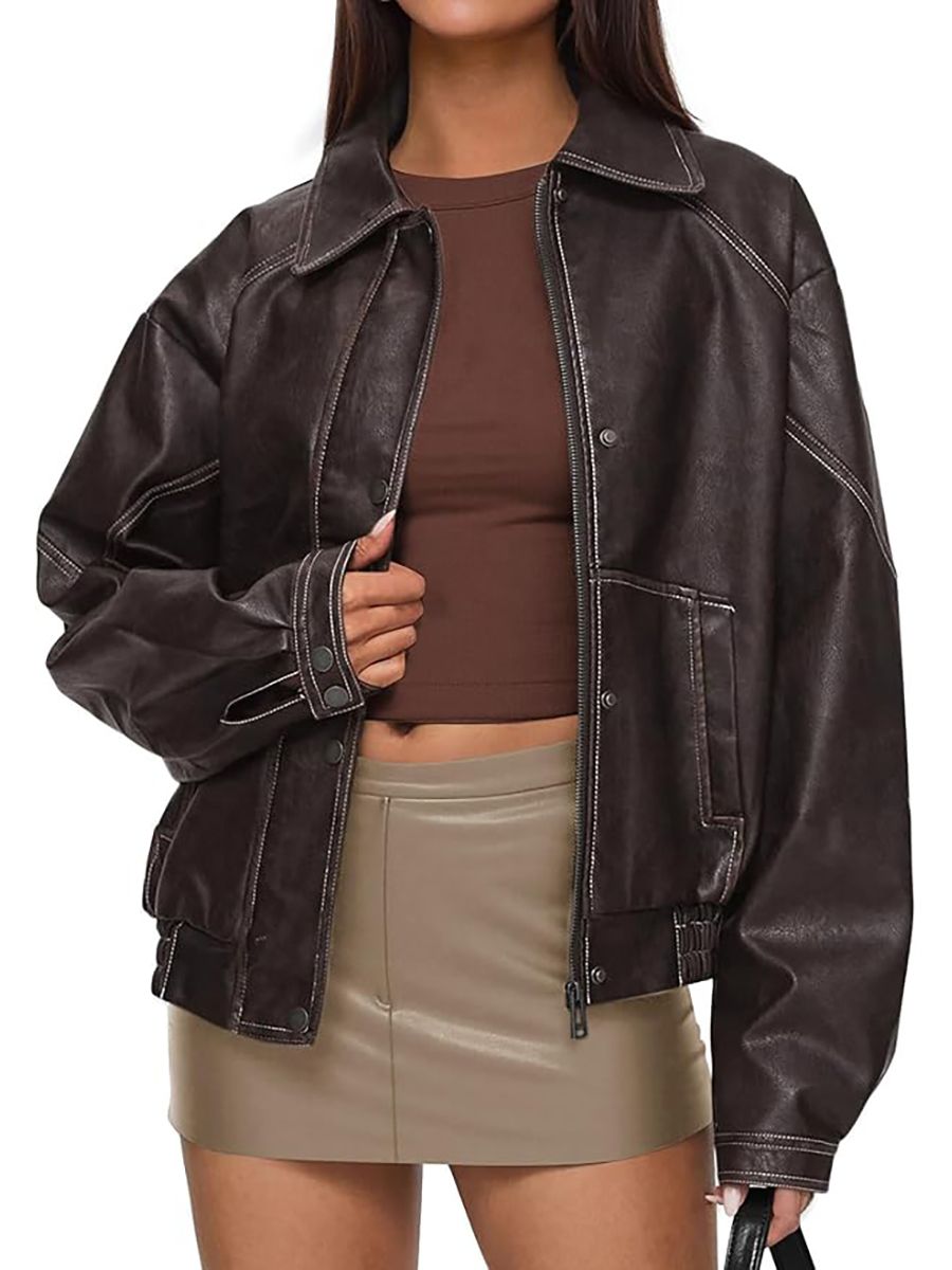 PRETTYGARDEN, Prettygarden Faux Leather Jacket Women Bomber Motorcycle Zip Up Jackets Oversized Fall Fashion Outfits 2025 Winter Coats (dark Brown,large)