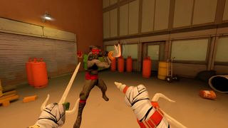 An official screenshot of TMNT Empire City on the Meta Quest 3, showing combat with a Footclan member